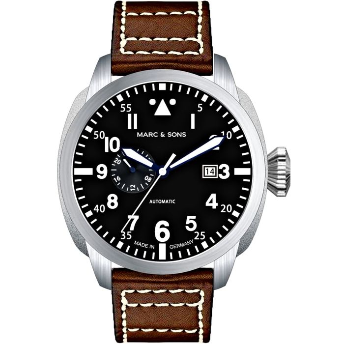 Marc & Sons Classic Black Professional Automatic Pilot Men's Watch 46mm 10ATM Black Dial/Brown Band